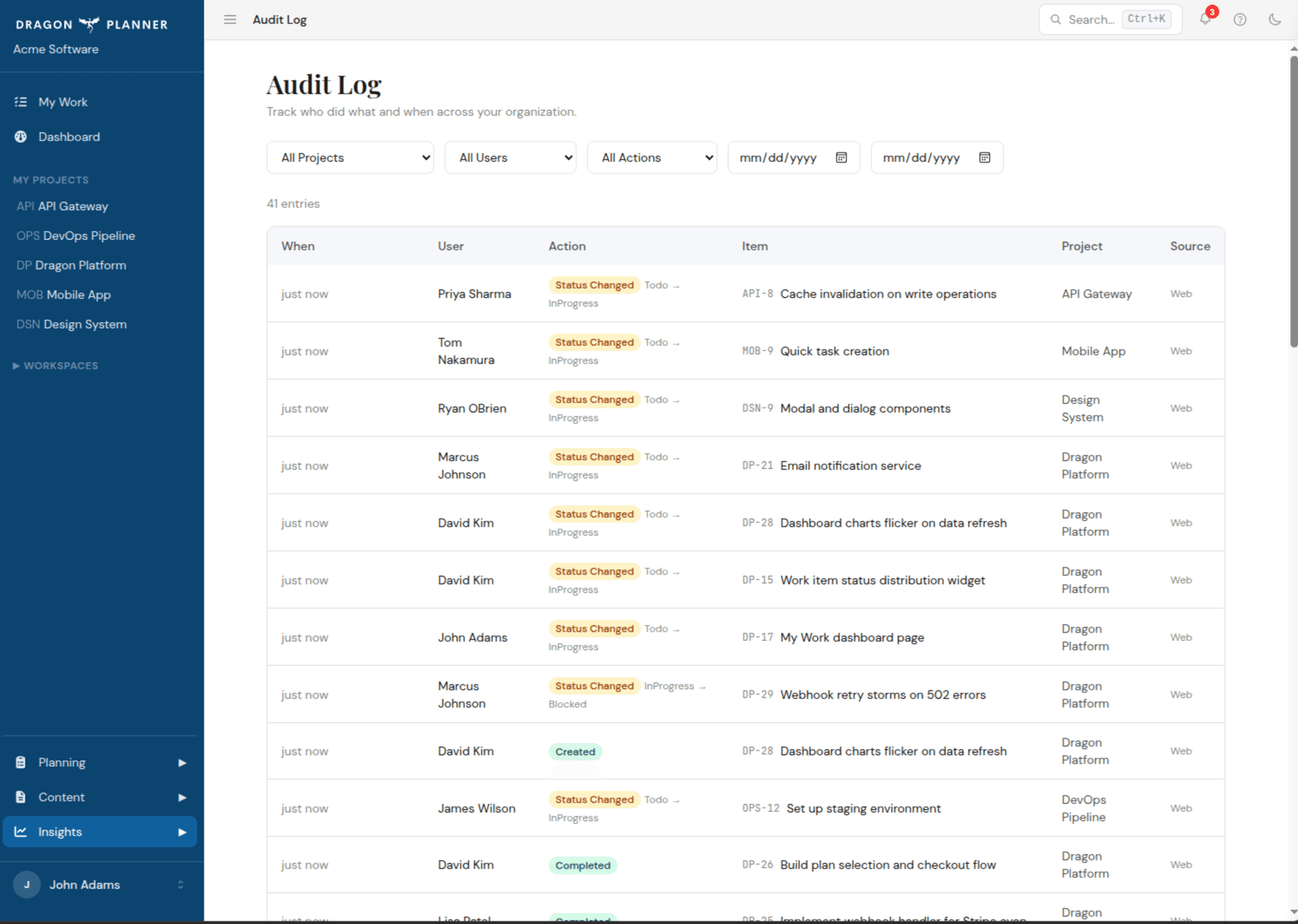 Audit log showing team activity with filters for project, user, and action type