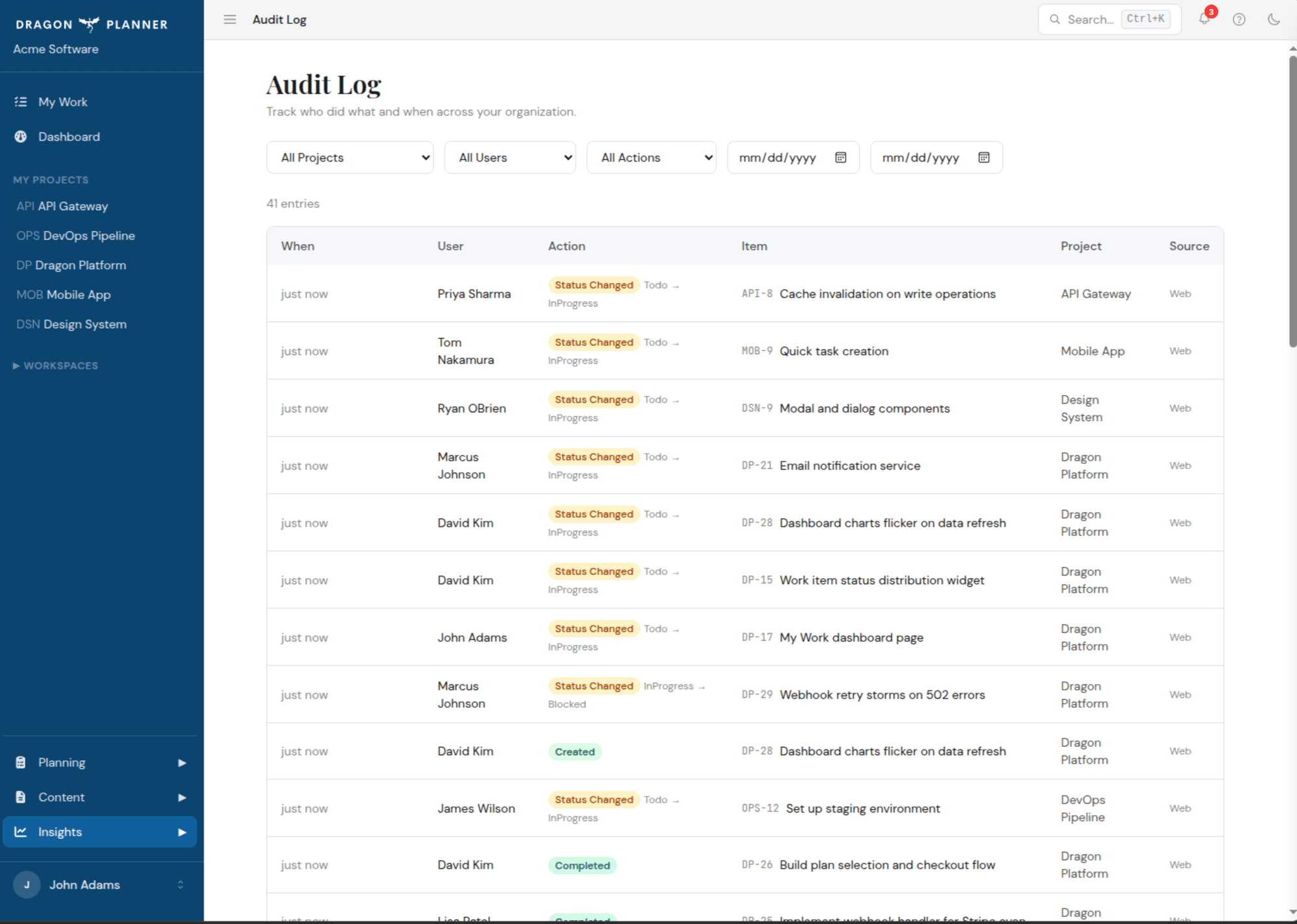 Audit log showing team activity with source attribution for web and MCP actions