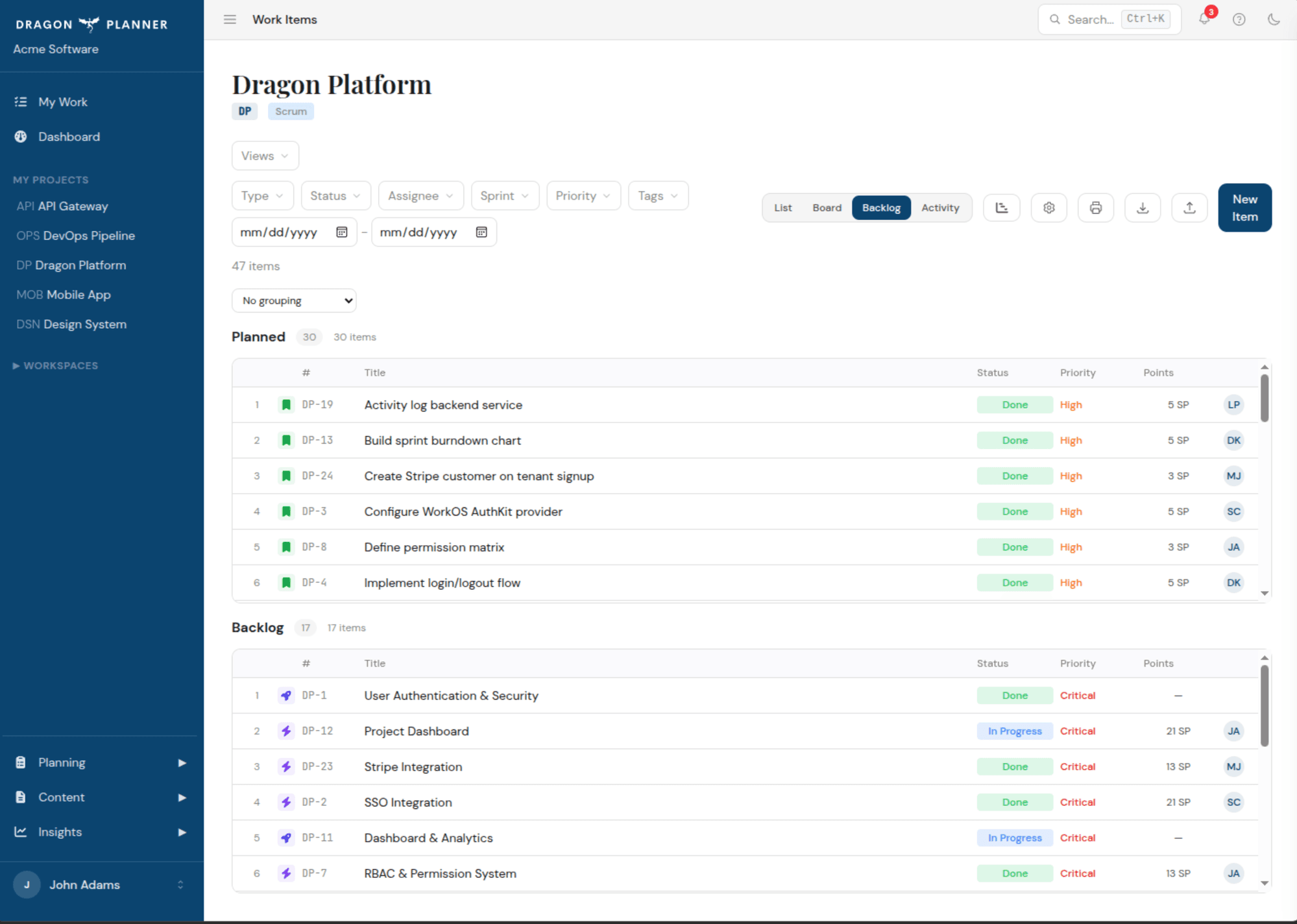 Backlog view showing planned and unplanned items with priority and assignee