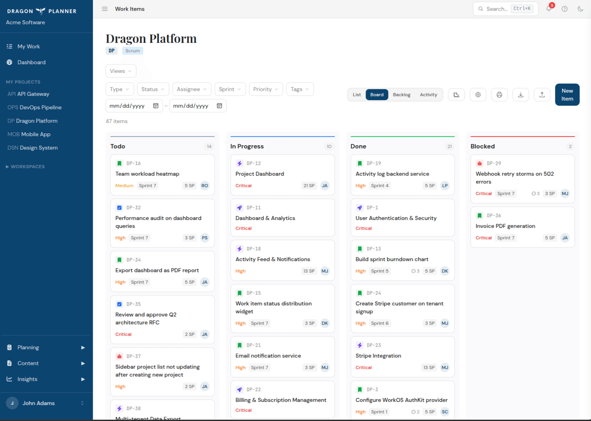 Kanban board view with drag-and-drop cards across status columns