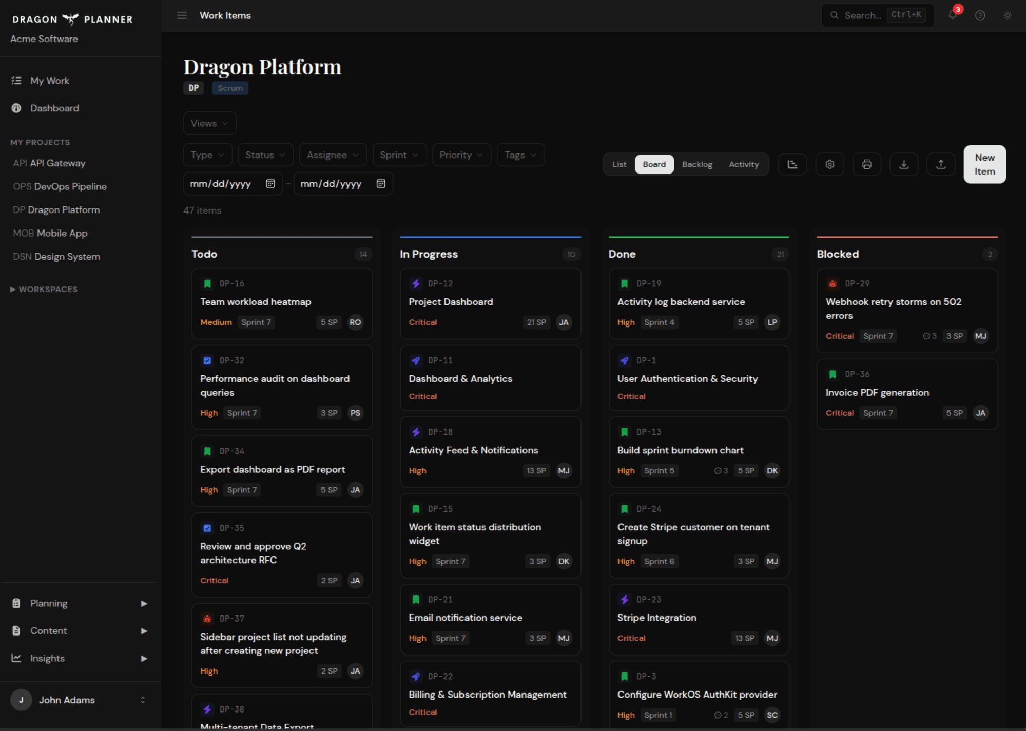Dragon Planner board view showing work items organized by status