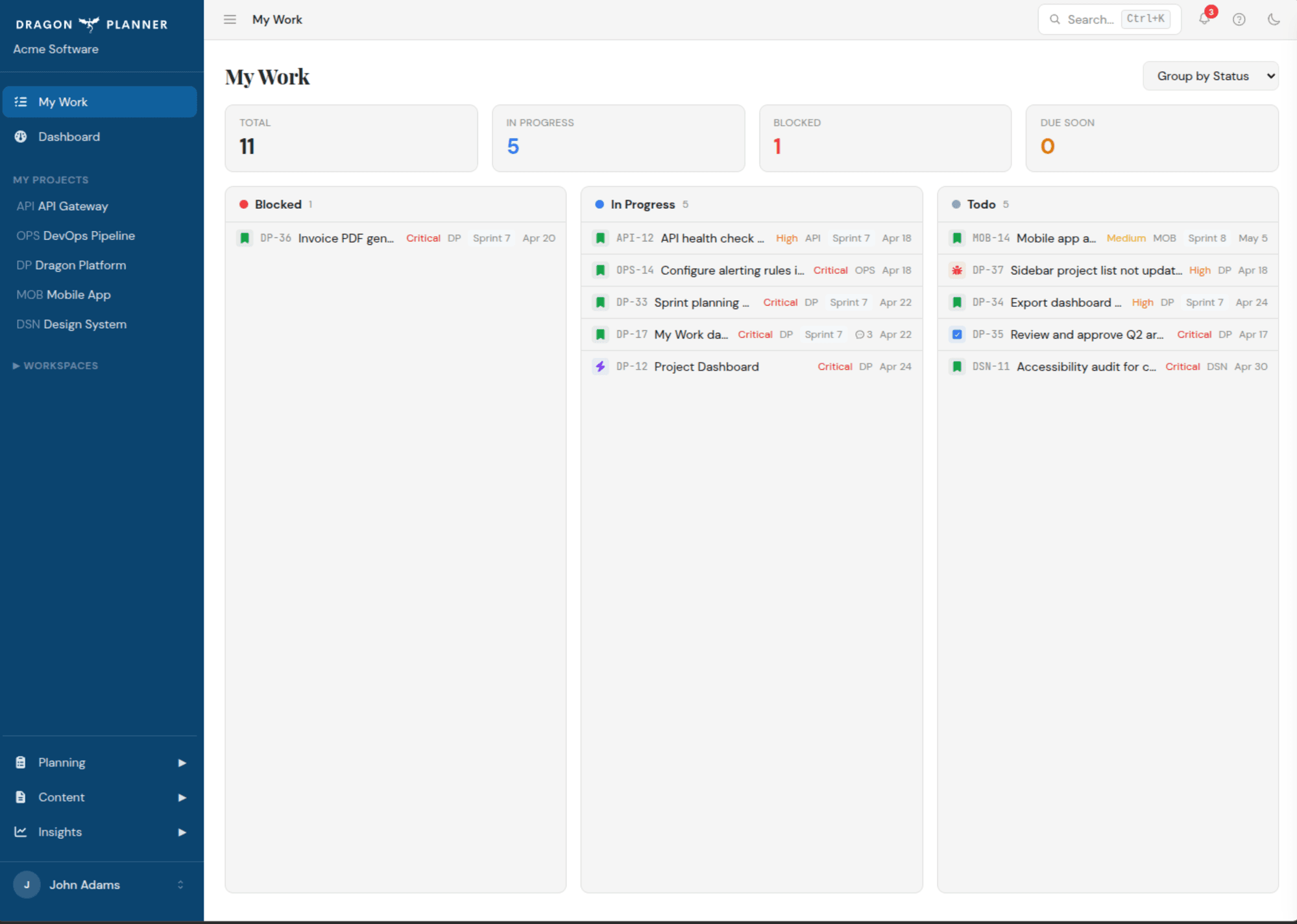 My Work view with notification badge and assigned items across projects