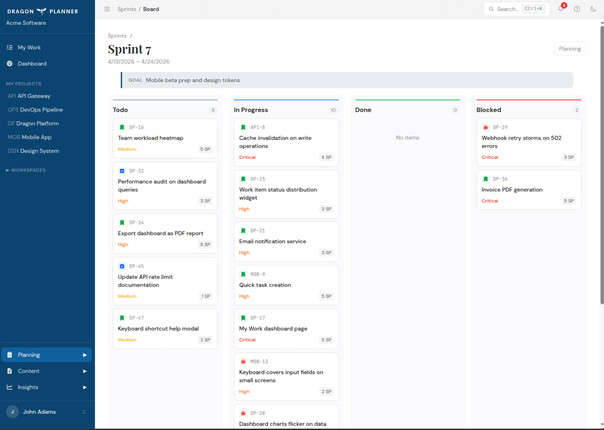Sprint board with Todo, In Progress, Done, and Blocked columns