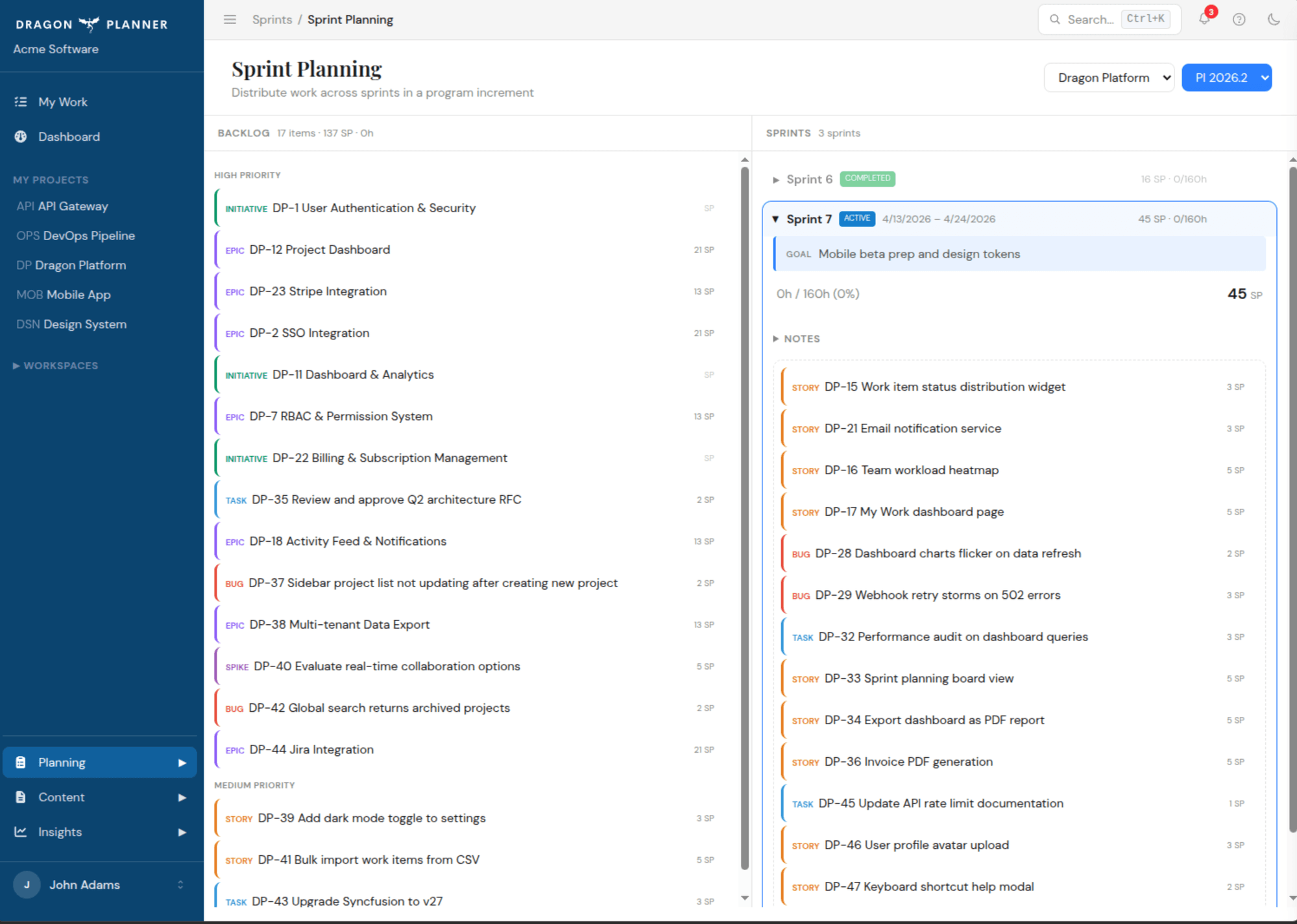 Sprint planning view with drag-and-drop backlog and sprint columns