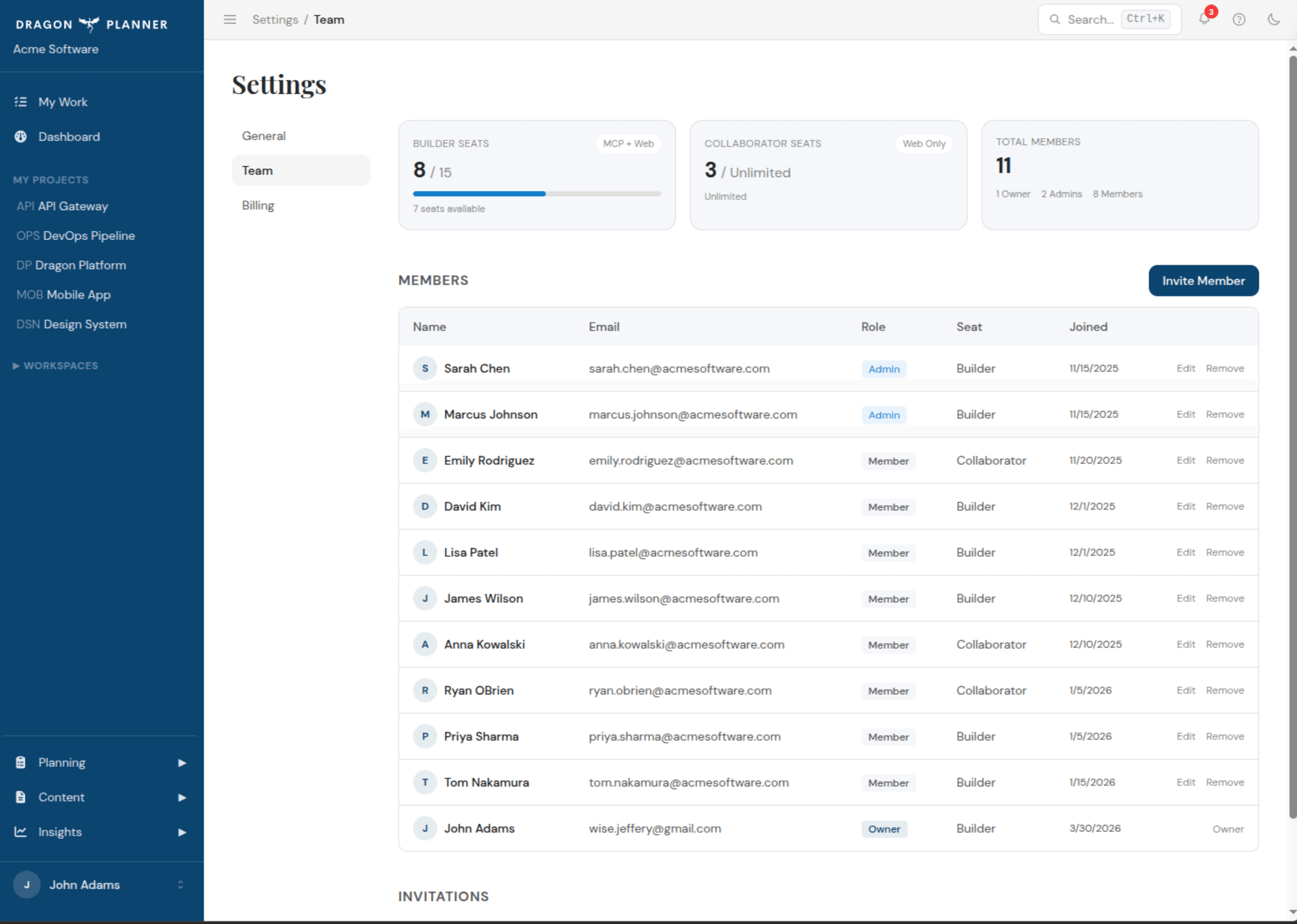 Team settings showing members, roles, and seat types