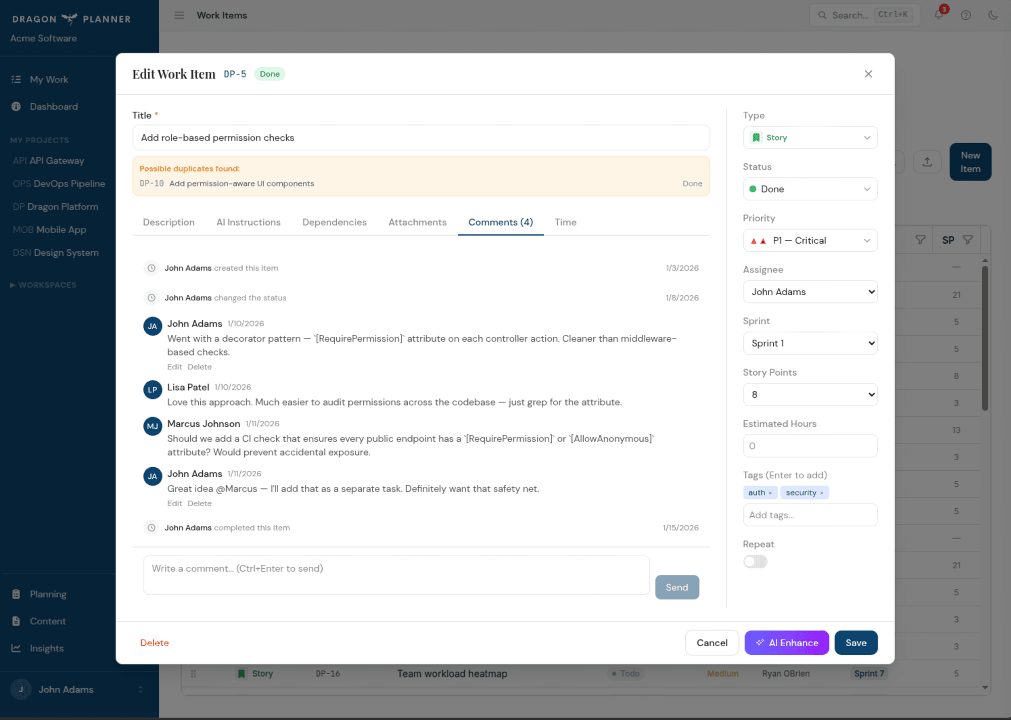 Work item detail with comments and activity timeline