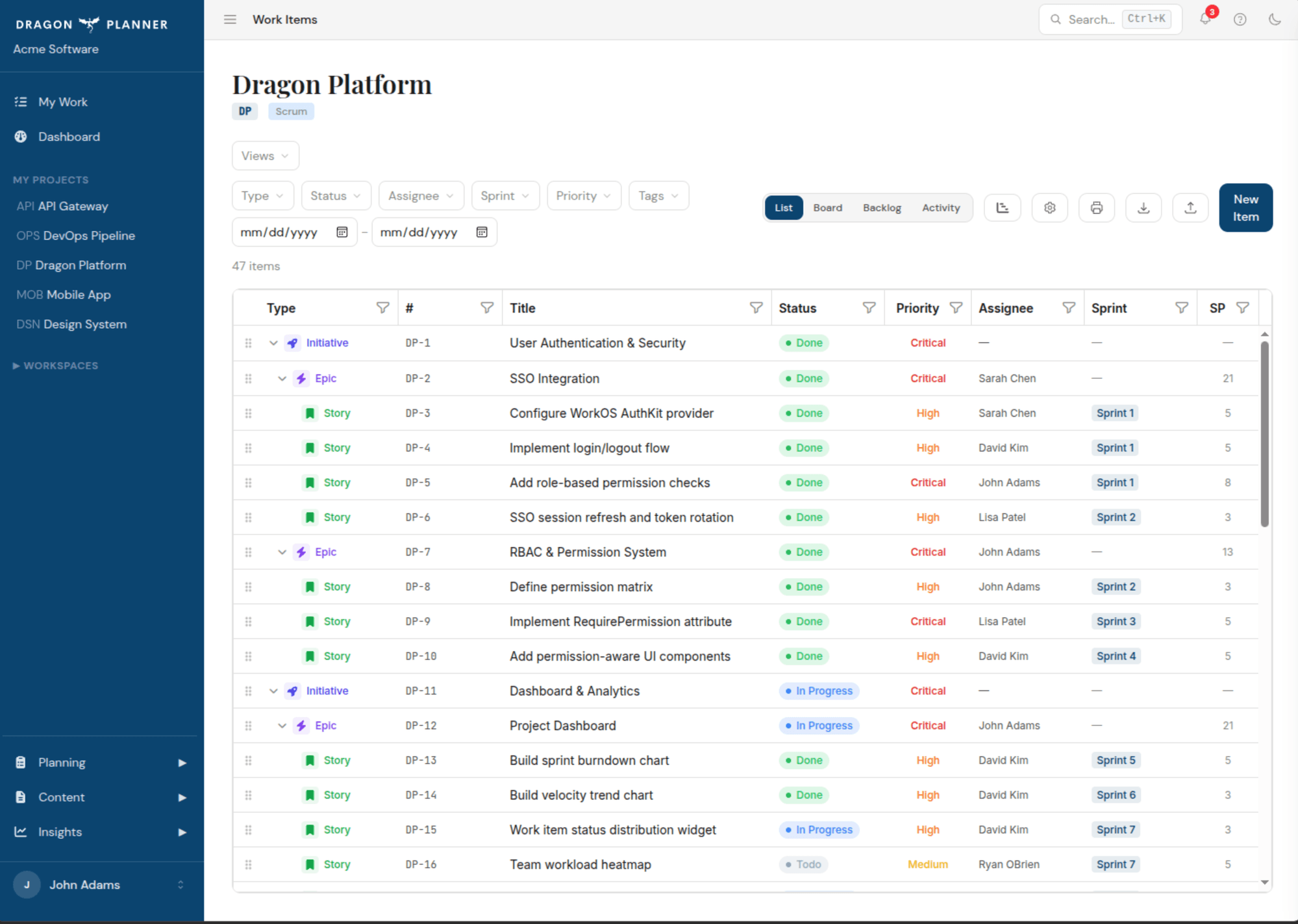 Hierarchical work item list showing a scaffolded project structure